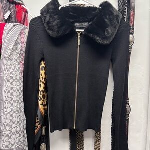 Coalition LA Black Faux-Fur Collar Zip Cardigan Sweater